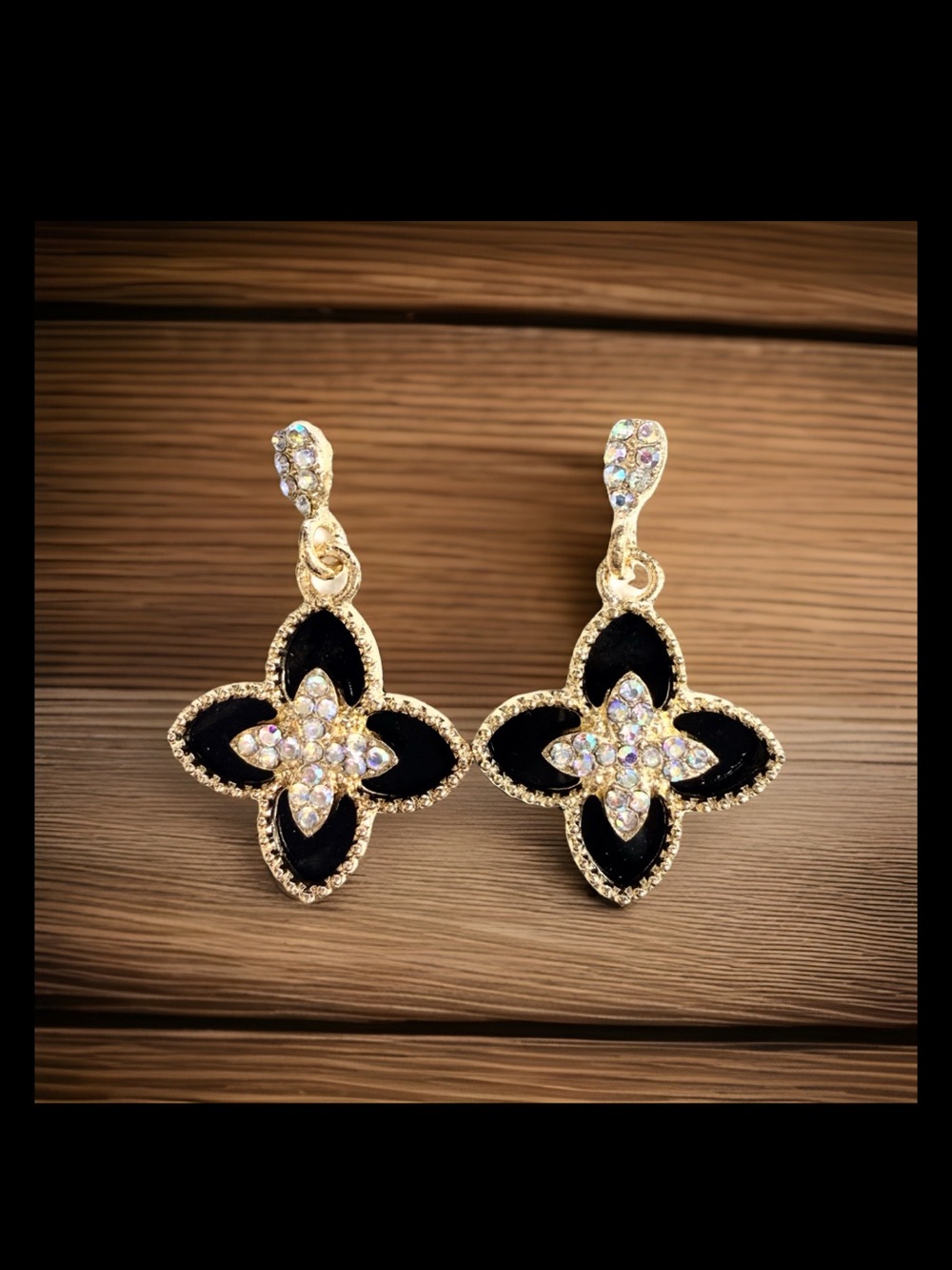 Gold-Tone Black Floral Drop Earrings with Sparkling Crystals